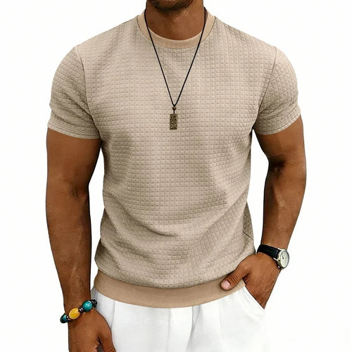Herren lässiges Waffelstrick-T-Shirt mit Rundhalsausschnitt