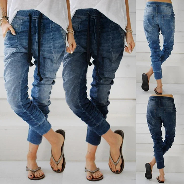 Damen lässige Denim-Haremshose mit Gummizug und tiefem Schritt