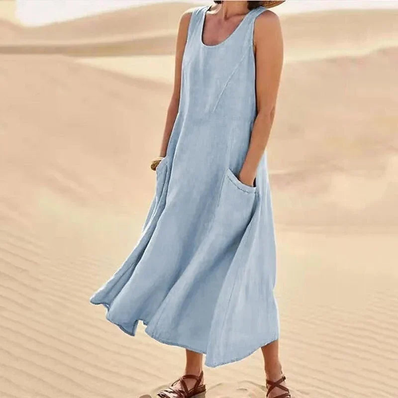 Leinen-Baumwoll-Ärmelloses Kleid für Frauen