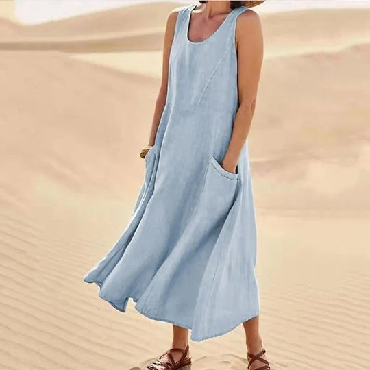 Leinen-Baumwoll-Ärmelloses Kleid für Frauen