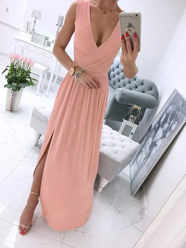 langes, fließendes Chiffonkleid mit seitlich geschlitztem V-Ausschnitt, schick