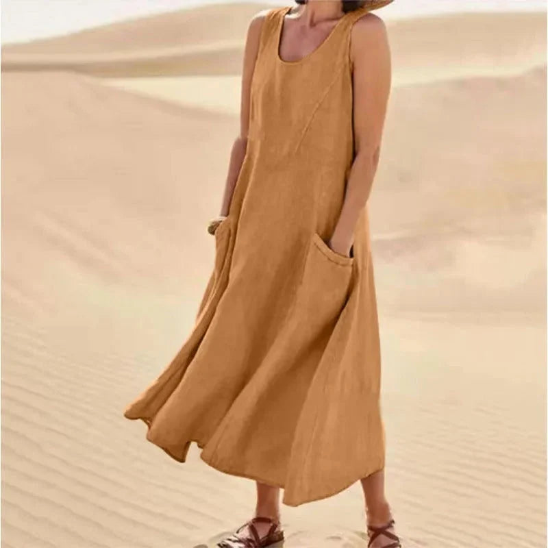Leinen-Baumwoll-Ärmelloses Kleid für Frauen
