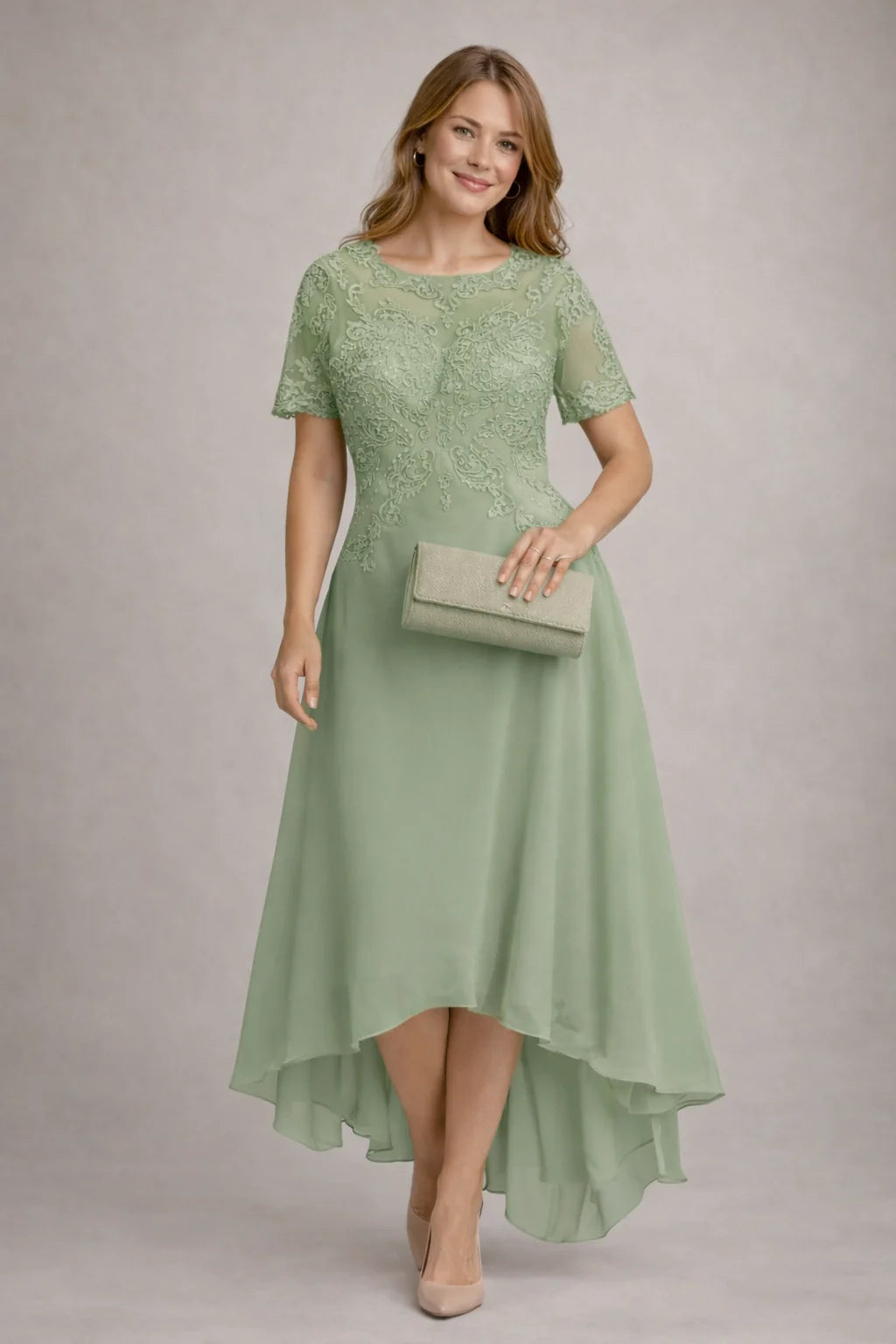 Damen Abendkleid mit Spitze und kurzen Ärmeln