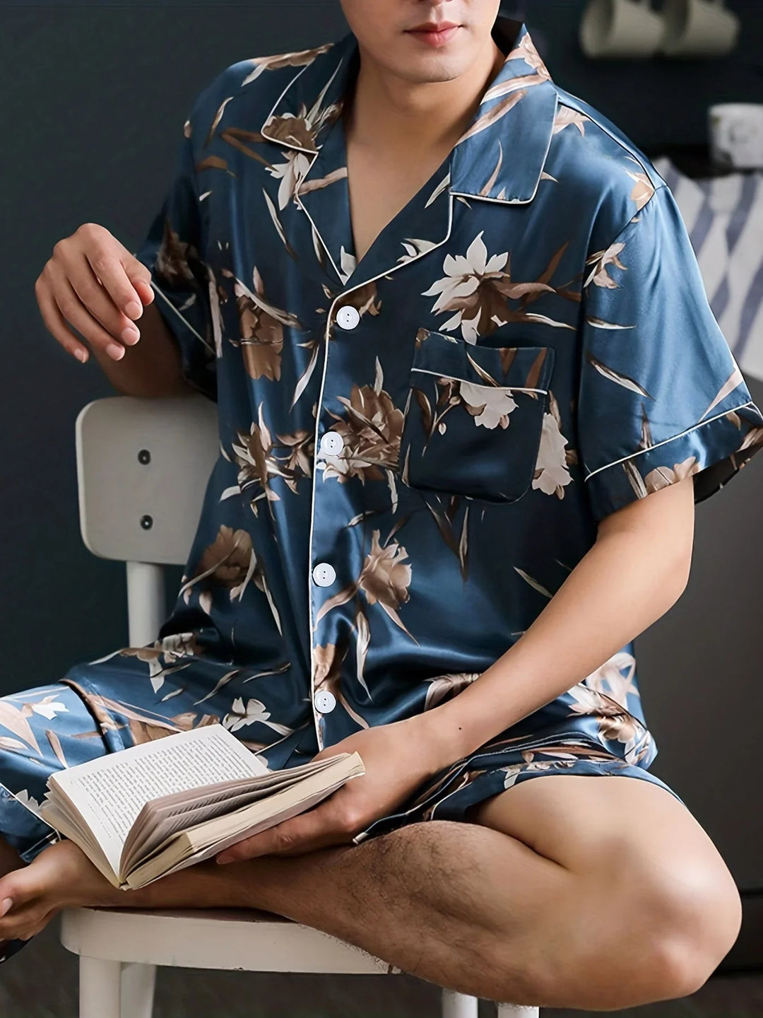 Herren Sommer Eis Seide Pyjama Satz mit Blumen und Blättern Druck