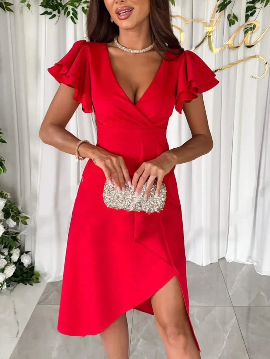 Kleid mit V-Ausschnitt, unregelmäßigen kurzen Ärmeln, mehrlagigen Rüschen, für Damen, elegante Mode, für Hochzeitsgäste