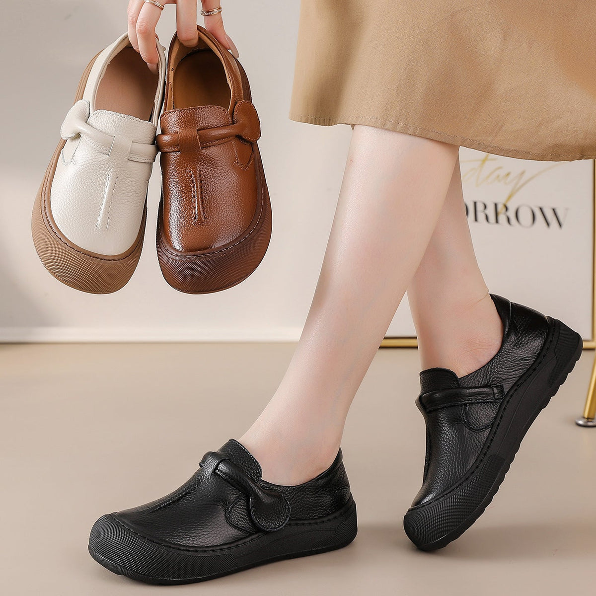 Retro-Slip-On-Damenschuhe aus echtem Leder