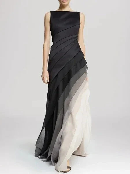 Elegantes Schwarz-Weiß Gradient Ärmelloses Patchwork Maxikleid