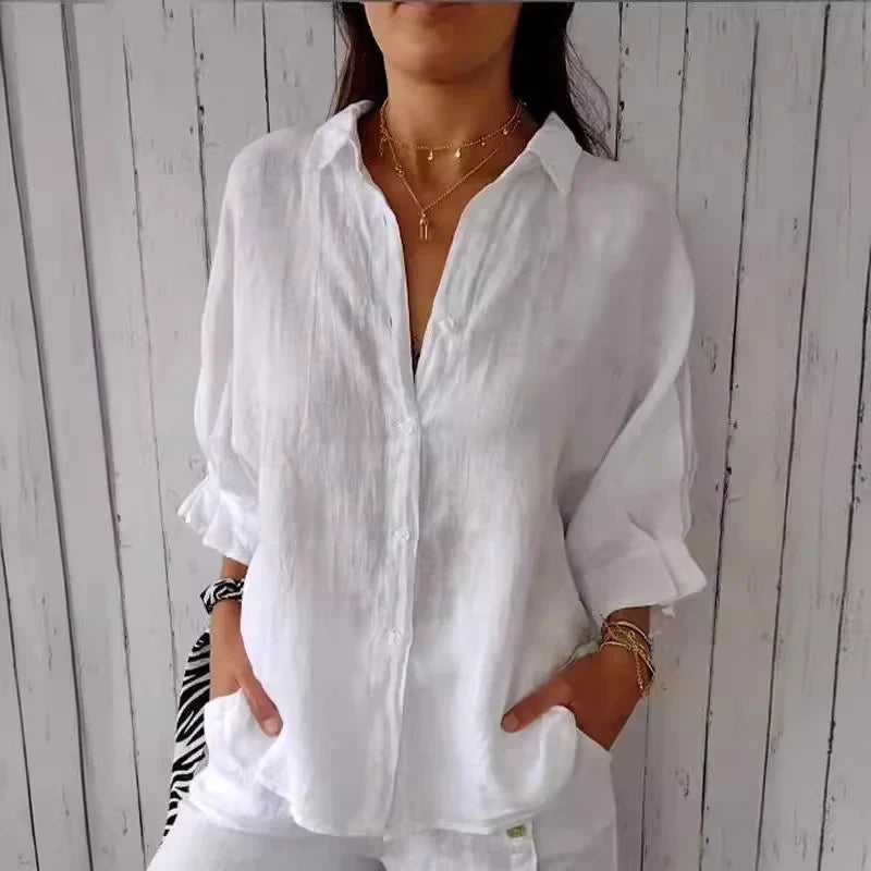 Damen Leichte und luftige Bluse aus reinem Leinen mit Knopfleiste und breiten Ärmeln
