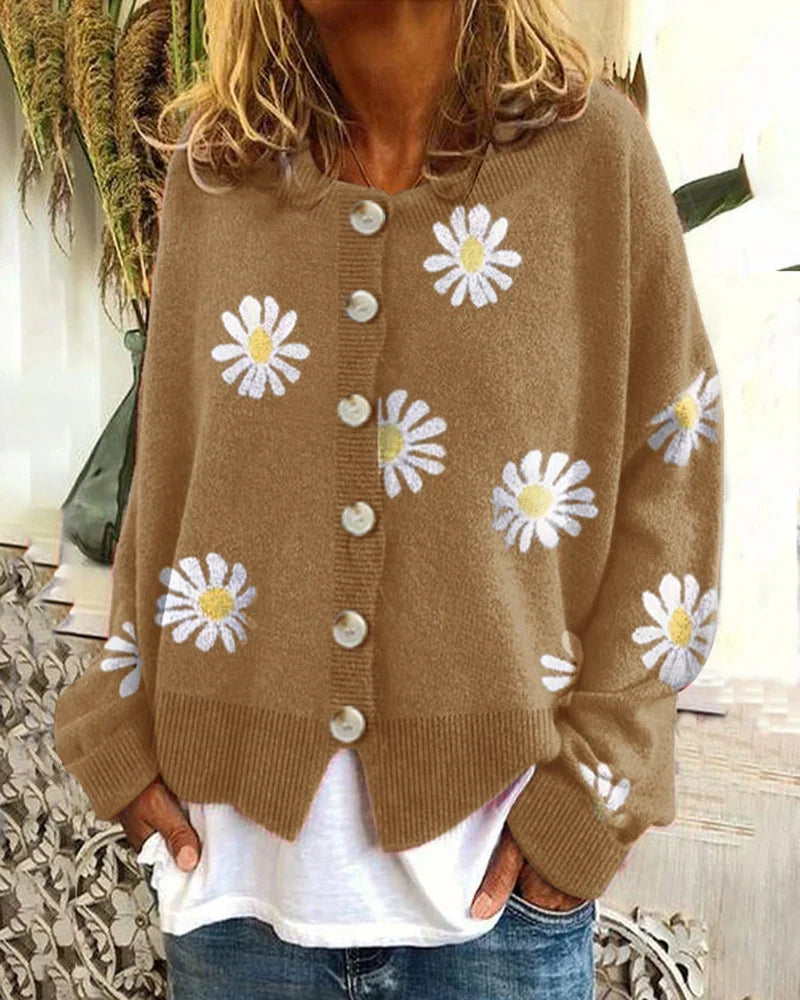 Damen Farbiger Baumwollpullover mit Blumenmuster
