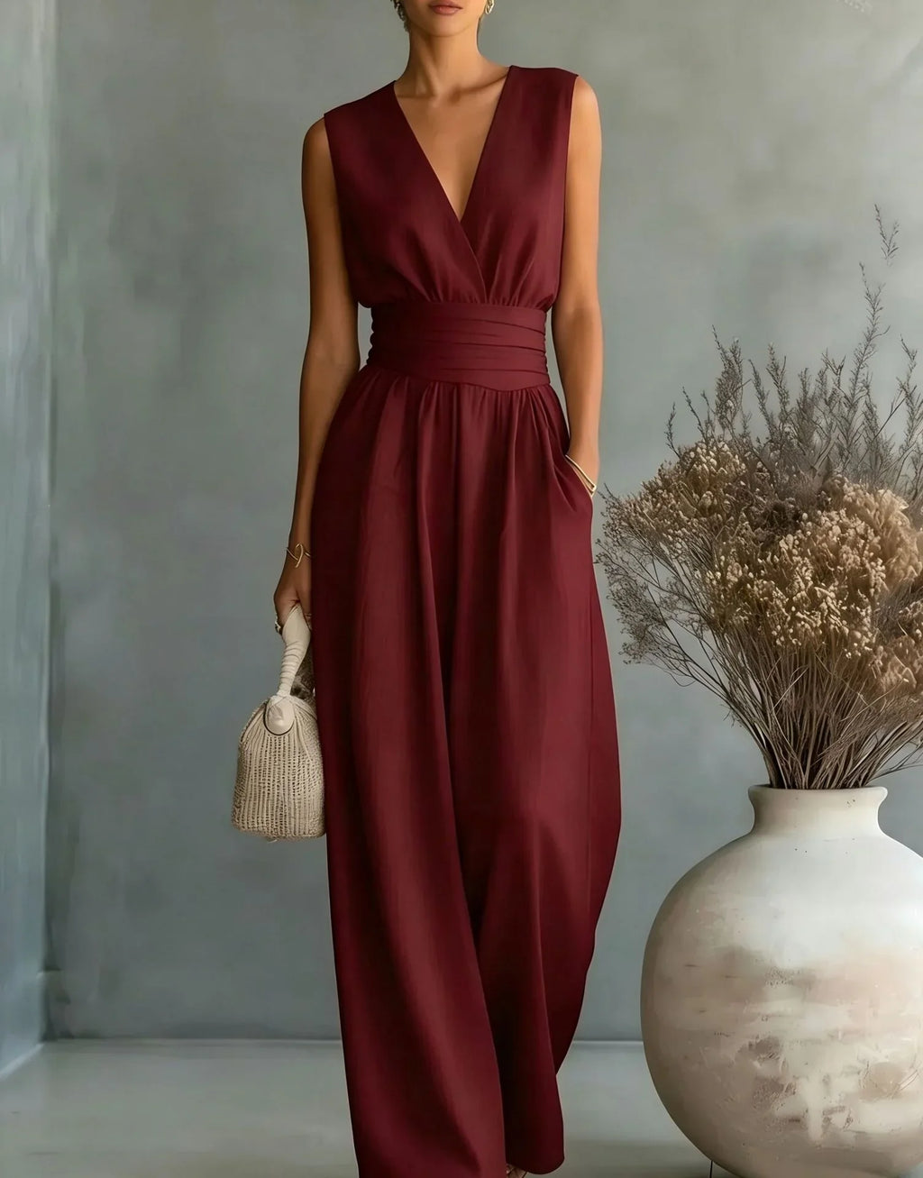 Eleganter Ärmelloser Jumpsuit mit Tiefem V-Ausschnitt, Taillenbund und Weitem Bein