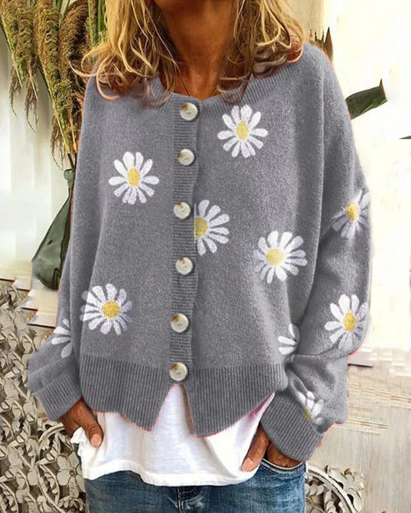 Damen Farbiger Baumwollpullover mit Blumenmuster