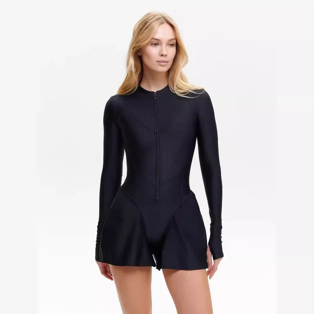 Damen Sportlicher Jumpsuit mit langem Arm und Reißverschluss