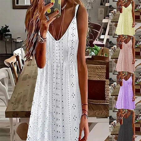 Damen Ärmelloses Sommerkleid mit dekorativem Lochmuster und V-Ausschnitt