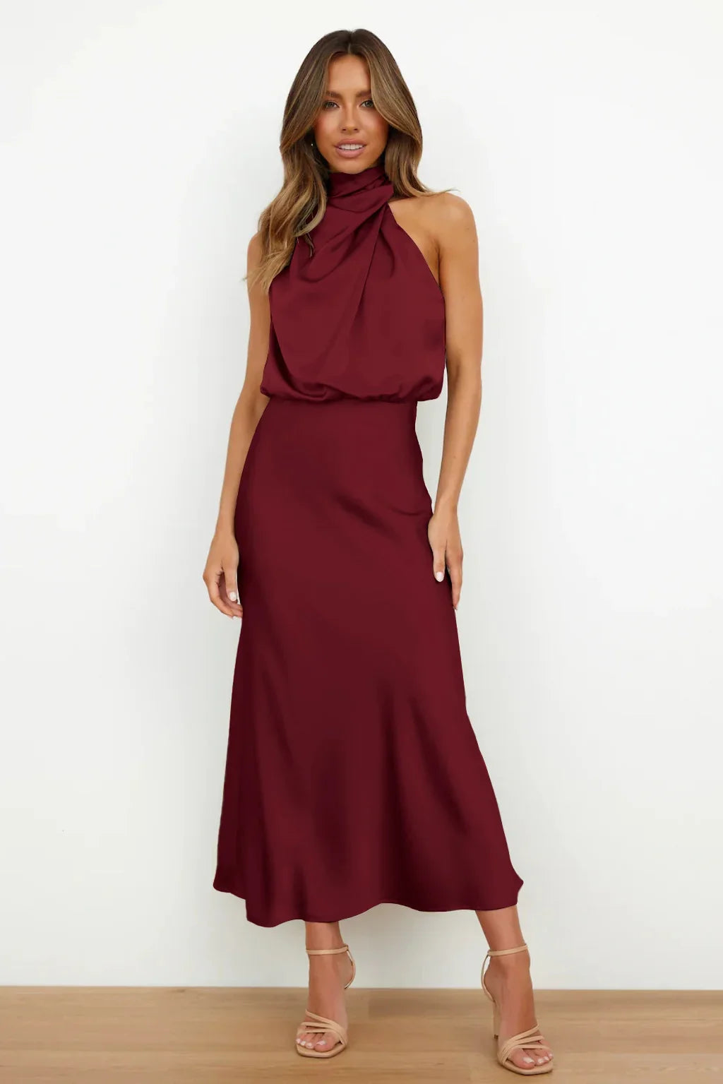 Damen Elegantes Maxikleid mit asymmetrischem Kragen und fließendem Schnitt