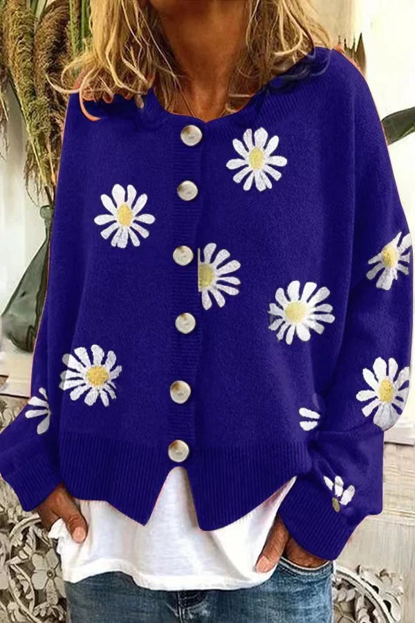 Damen Farbiger Baumwollpullover mit Blumenmuster