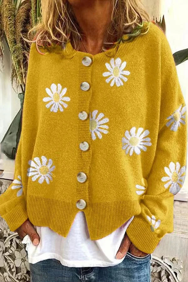 Damen Farbiger Baumwollpullover mit Blumenmuster