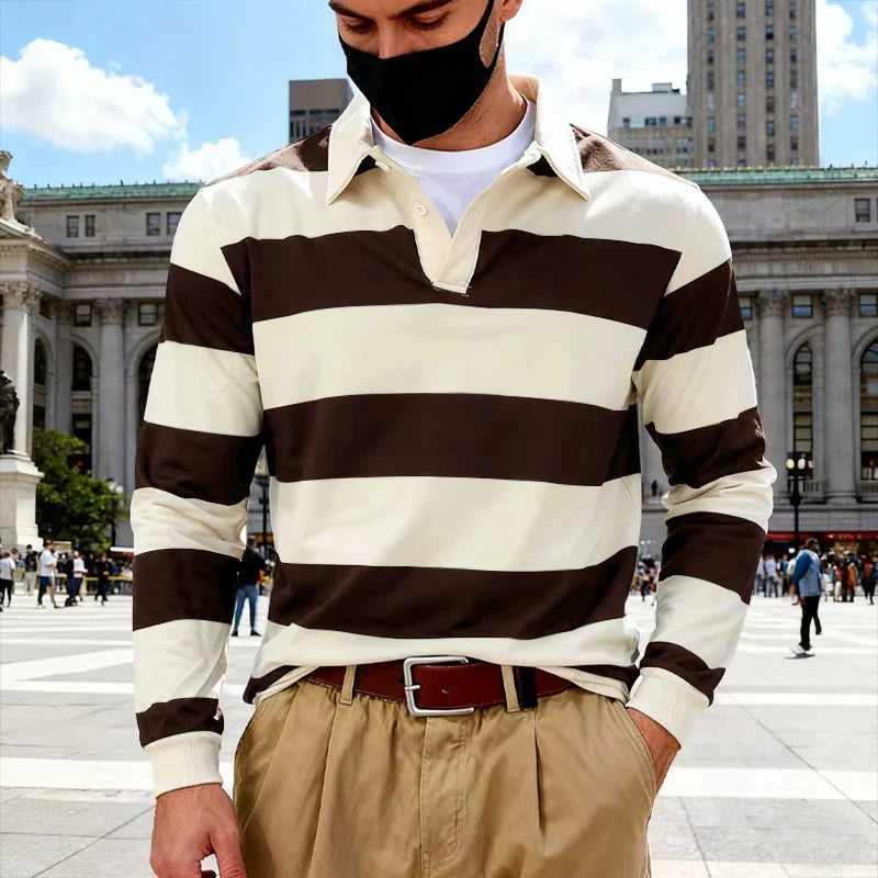 Herren nan gestreiftes Rugby-Poloshirt aus Baumwollmischung mit kurzer Knopfleiste und Rippbündchen