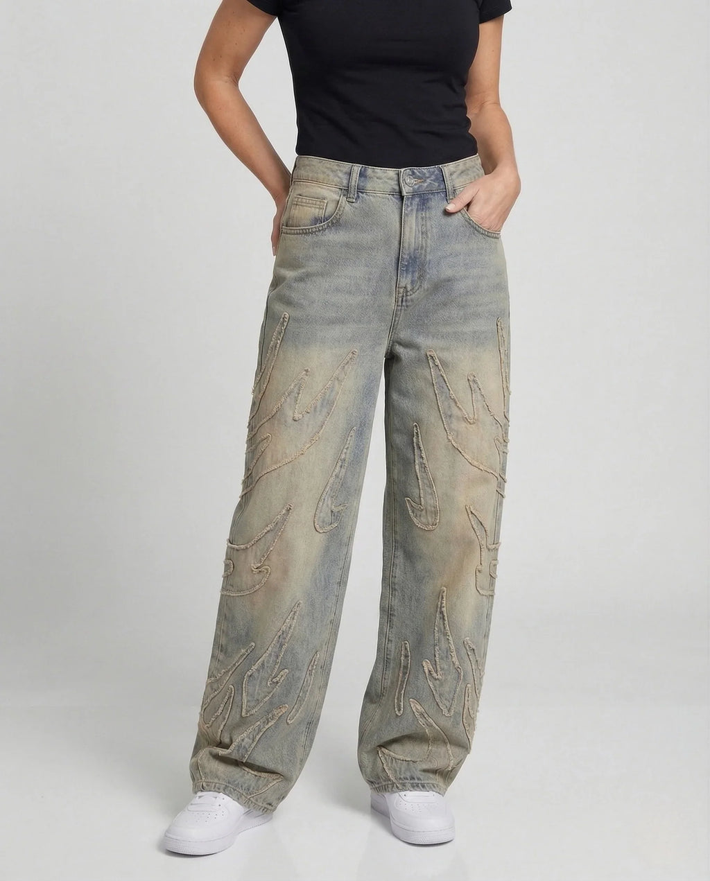 Unisex Destroy Jeans weit mit Cutouts und Fransen