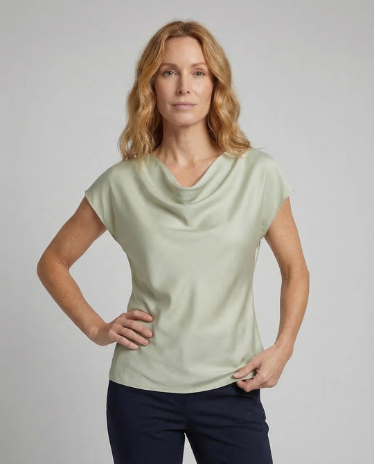 Damen Satinbluse Wasserfallkragen