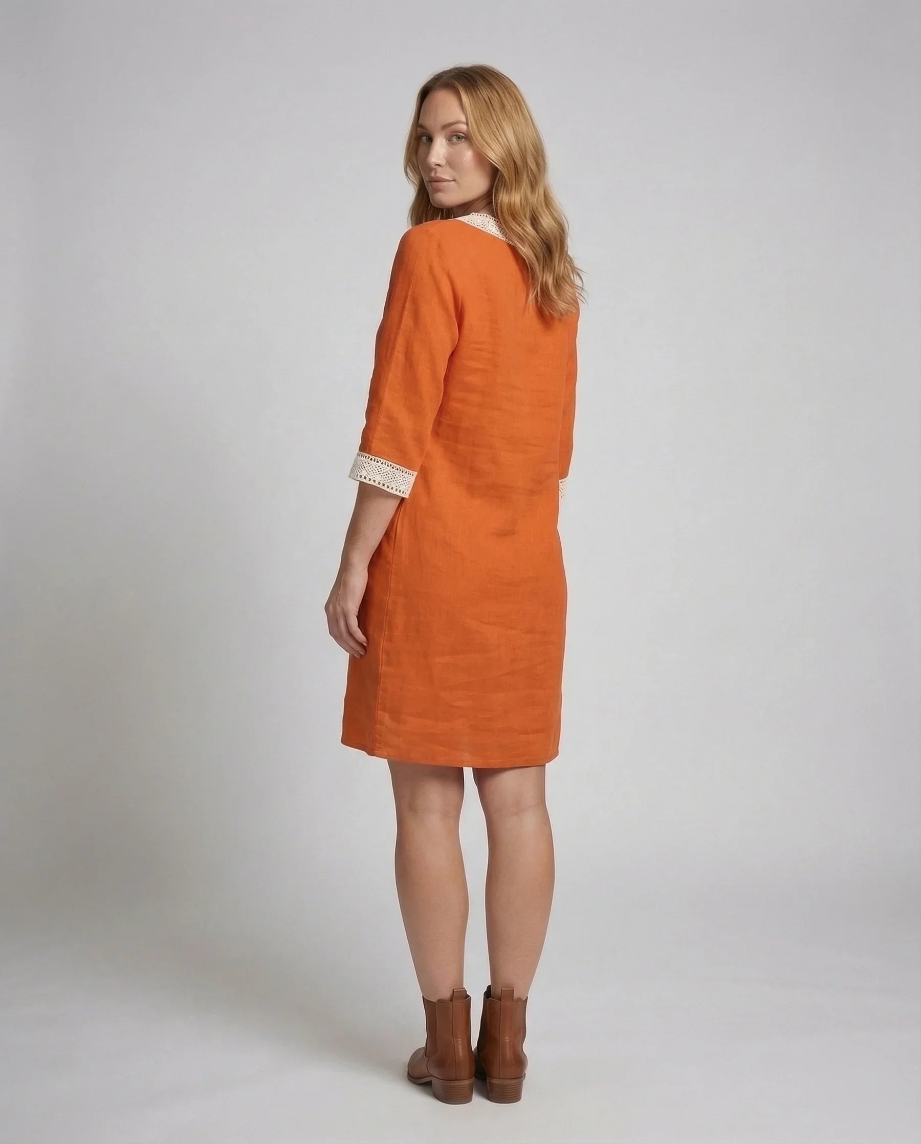 Damen Leinen-Midikleid Gehäkelte Spitzenpasse