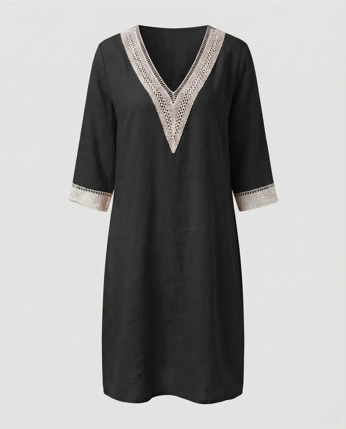 Damen Leinen-Midikleid Gehäkelte Spitzenpasse