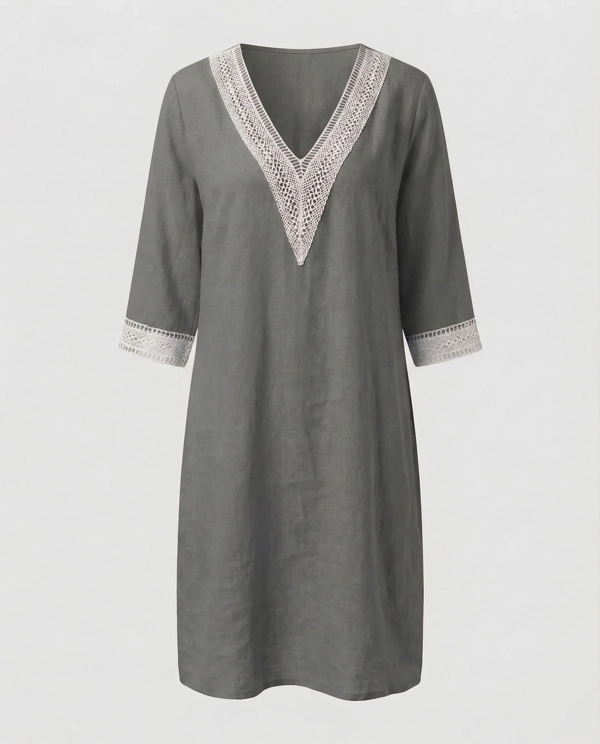 Damen Leinen-Midikleid Gehäkelte Spitzenpasse