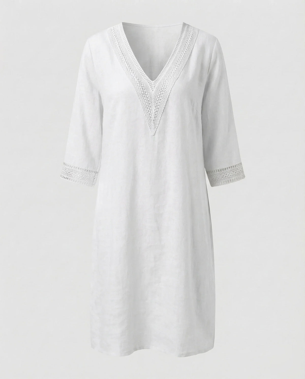 Damen Leinen-Midikleid Gehäkelte Spitzenpasse