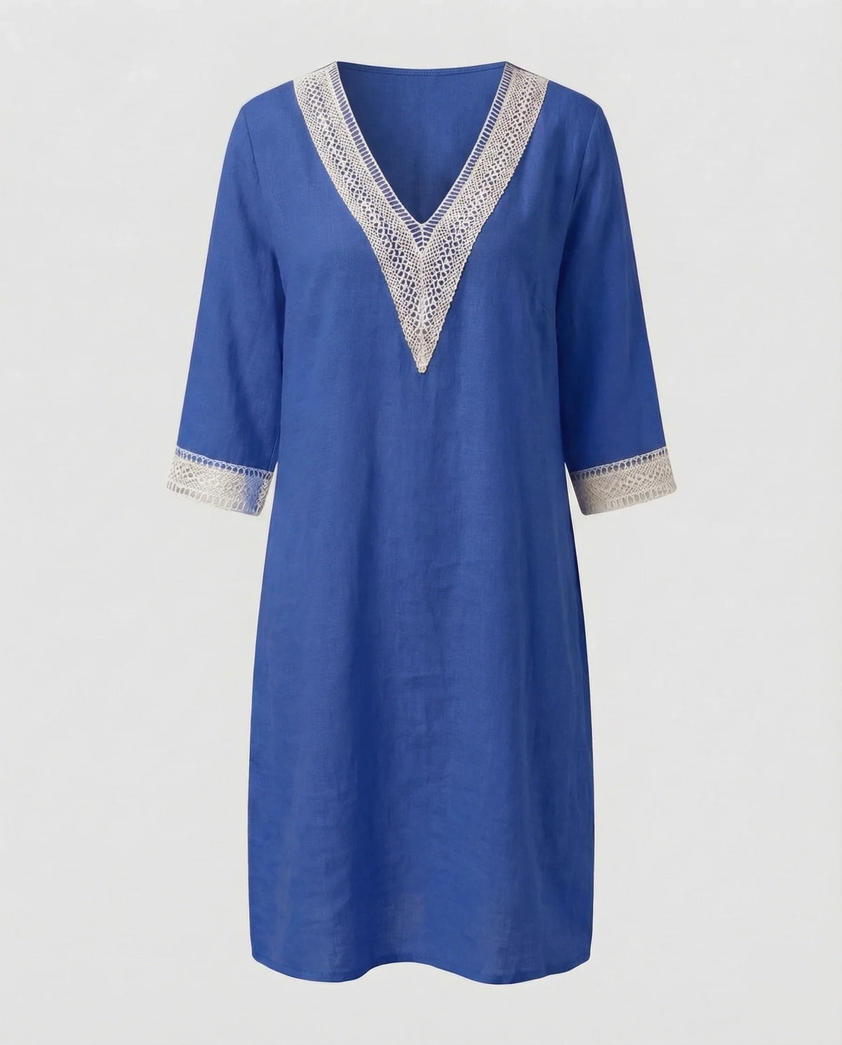 Damen Leinen-Midikleid Gehäkelte Spitzenpasse