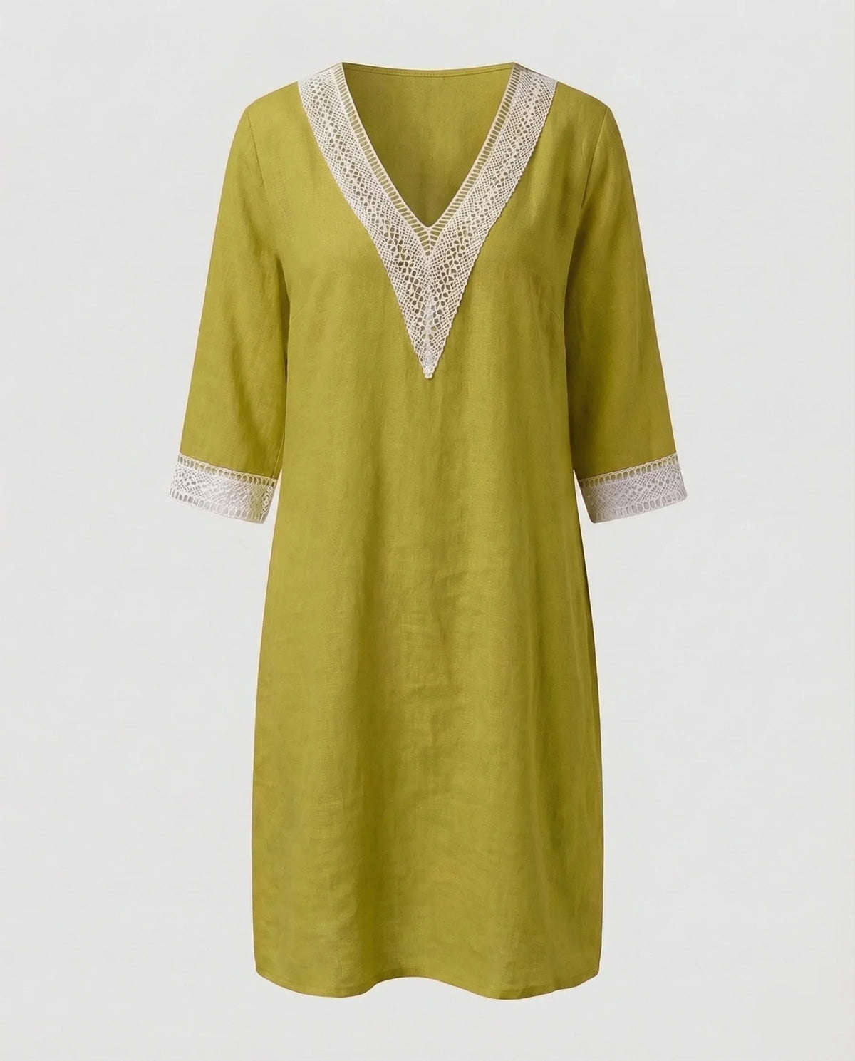 Damen Leinen-Midikleid Gehäkelte Spitzenpasse