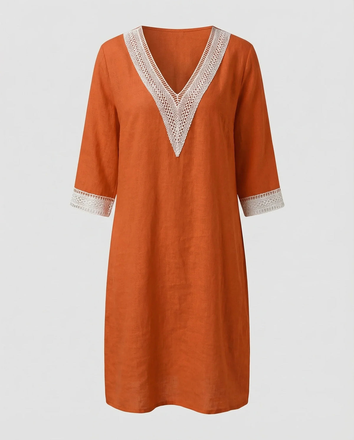 Damen Leinen-Midikleid Gehäkelte Spitzenpasse