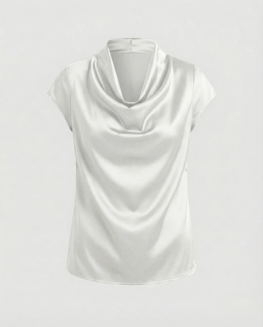 Damen Satin Wasserfallkragen Cap-Ärmelbluse