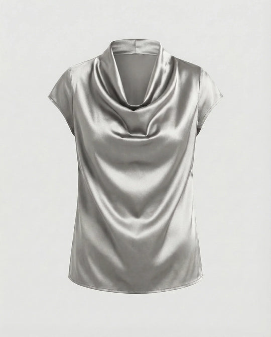 Damen Satin Wasserfallkragen Cap-Ärmelbluse