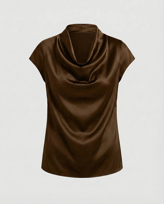 Damen Satin Wasserfallkragen Cap-Ärmelbluse