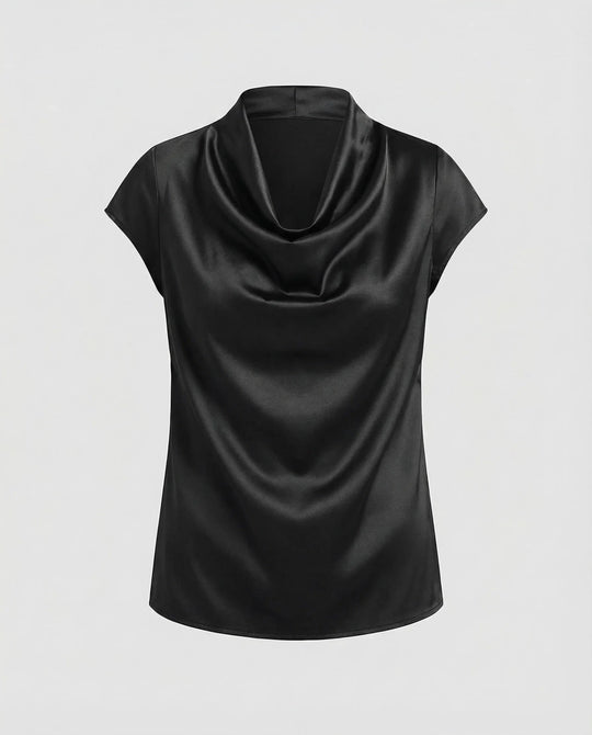 Damen Satin Wasserfallkragen Cap-Ärmelbluse