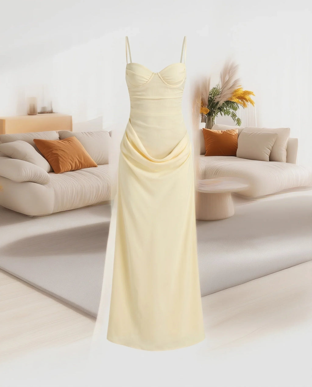 Damen Elegantes Maxikleid mit drapiertem Oberteil und zarten Spaghettiträgern