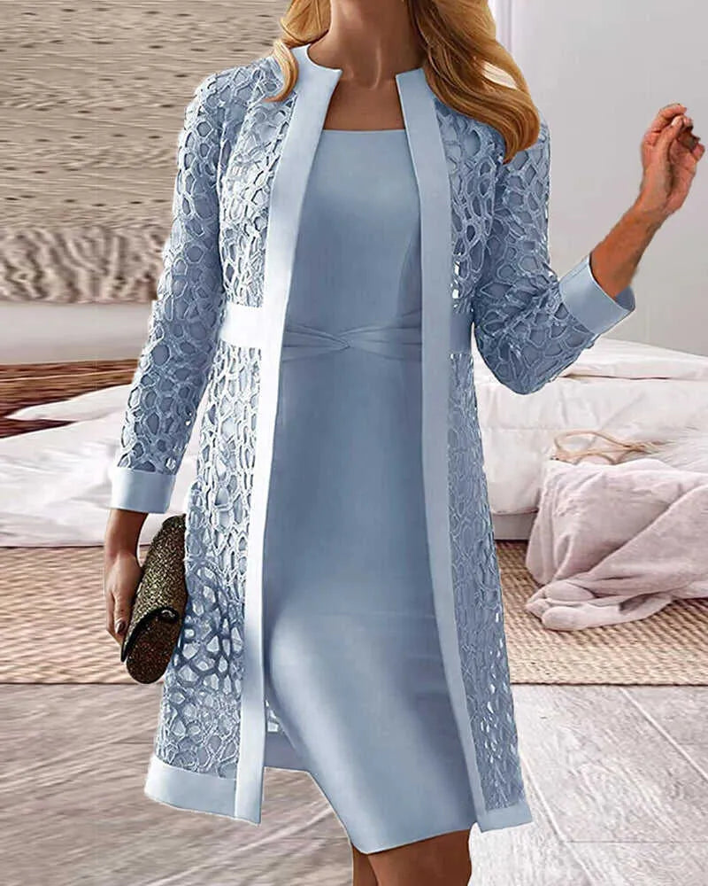 Damen Spitz Strickjacke Kleid 2 Teil Set